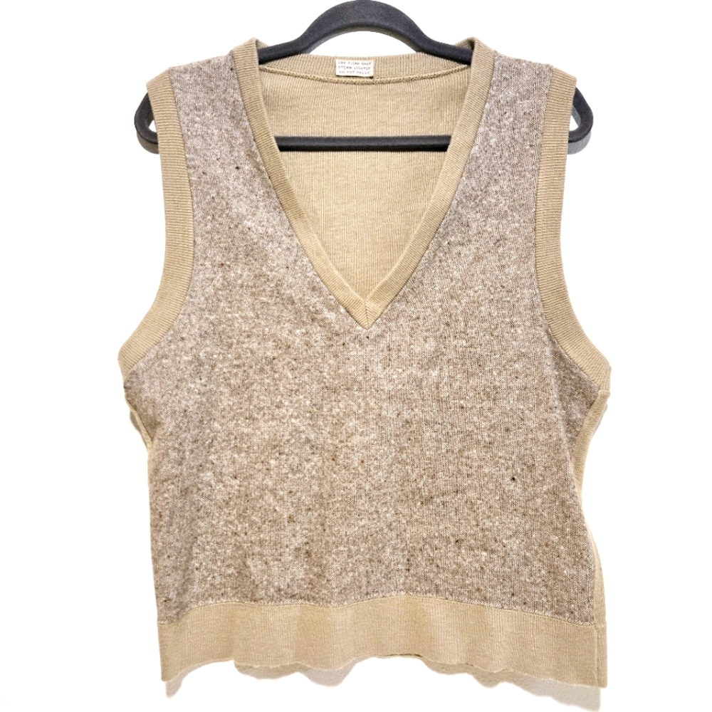 Vintage Wool V-neck Sweater Vest Womens L Boho Minimalist Knit Beige Brown